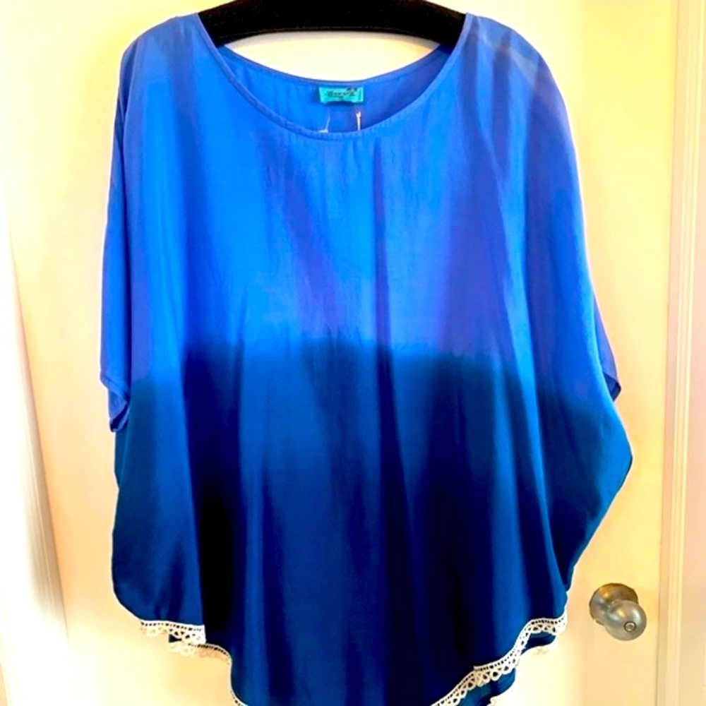 Letarte Designer Poncho Top or Coverup! SILK Blue Ombré Gorgeous Caftan! Md